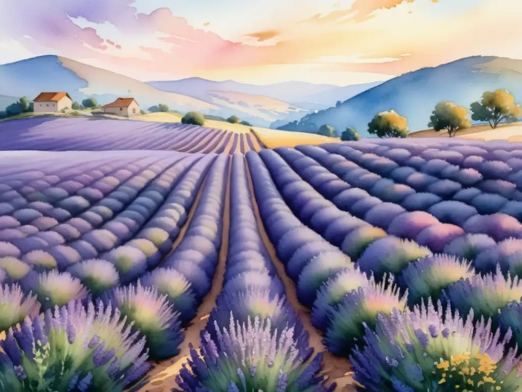 Una pintura detallada de un campo de lavanda al atardecer, con filas de arbustos morados vibrantes