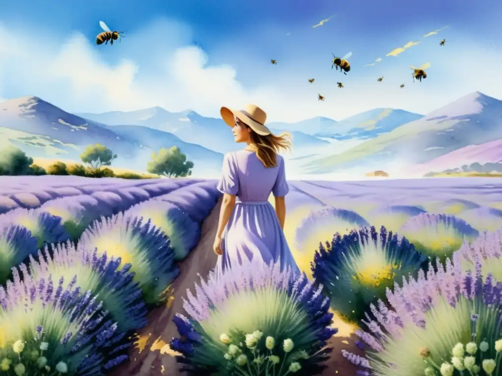 Pintura acuarela detallada de un campo de lavanda sereno y tranquilo, con flores moradas vibrantes y abejas, creando una atmósfera pacífica