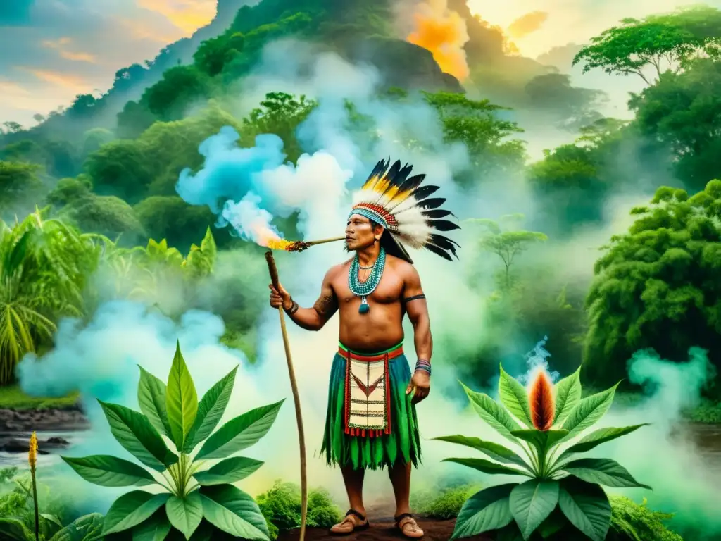 Una pintura detallada de una ceremonia indígena tradicional con un chamán liderando un ritual espiritual con plantas de tabaco sagrado, rodeado de exuberante vegetación y humo etéreo