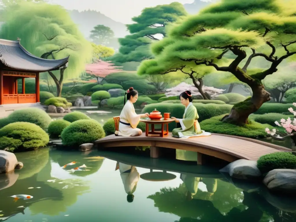 Una pintura detallada de una ceremonia tradicional china del té verde, con un jardín sereno, árboles de cerezo y un estanque tranquilo con peces koi