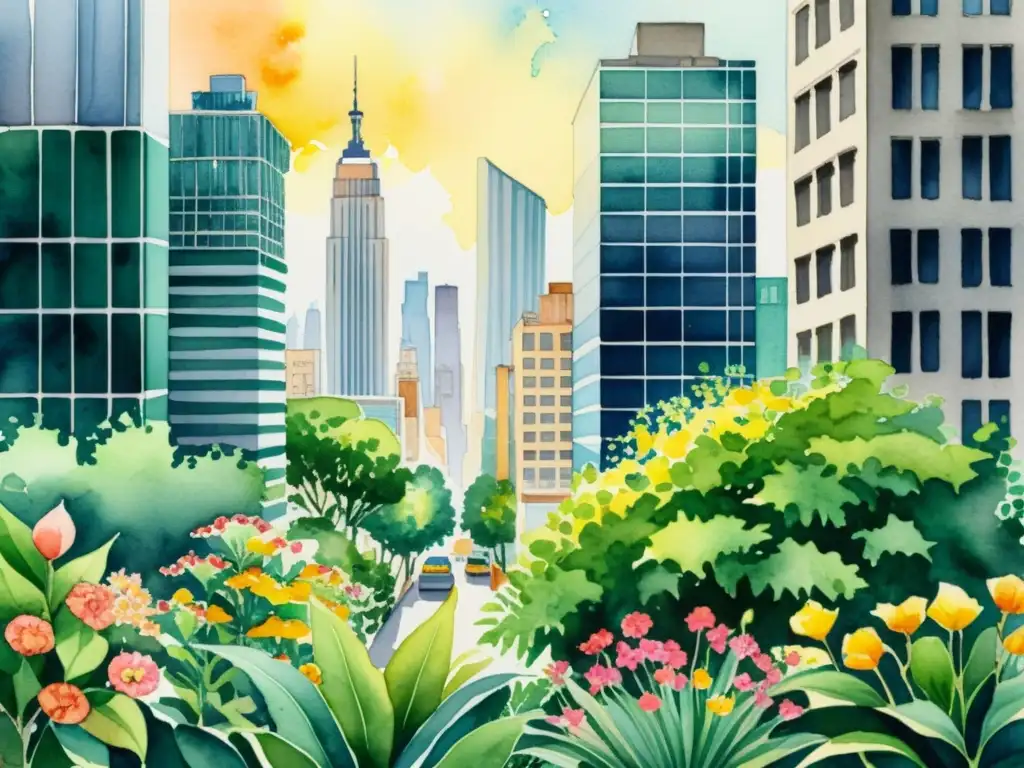 Pintura detallada de una ciudad urbana con plantas vibrantes adaptadas a la urbanización