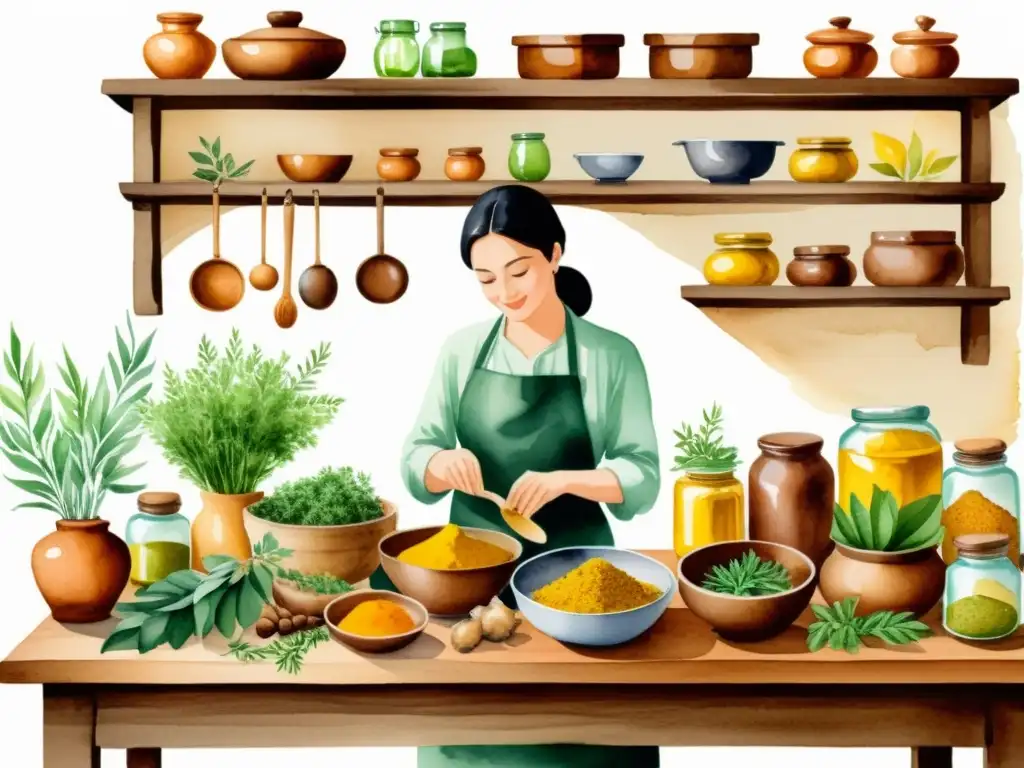 Una pintura detallada de una cocina tradicional con hierbas medicinales