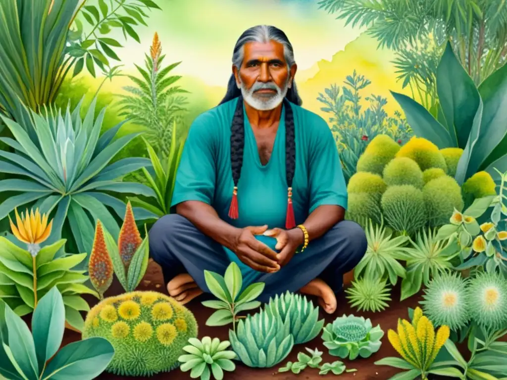 Pintura detallada de curandero aborigen rodeado de plantas medicinales australianas, evocando la tradición de la herbolaria en culturas aborígenes Australia