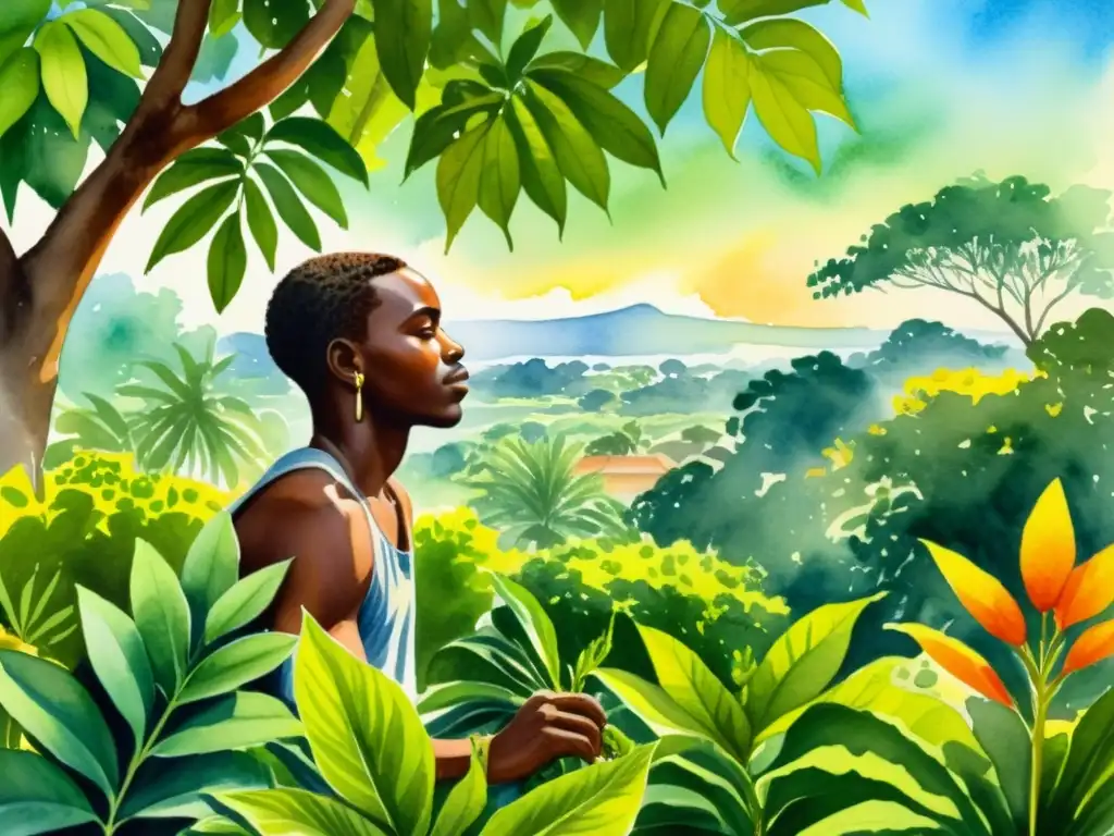 Una pintura detallada de una esclava africana cuidando un exuberante jardín, rodeada de hierbas nativas de las Américas