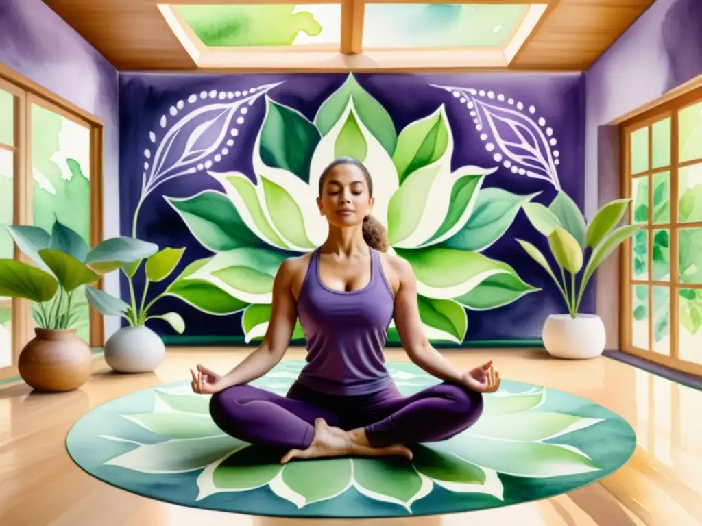 Una pintura detallada de un estudio de yoga sereno, con luz natural y plantas exuberantes