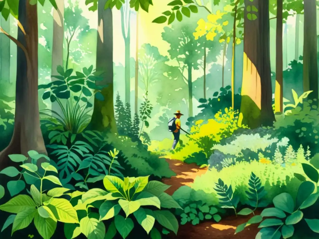 Bosque Medicinal: Armonía de Plantas y Cosecha Consciente Una pintura detallada de un exuberante bosque con plantas medicinales