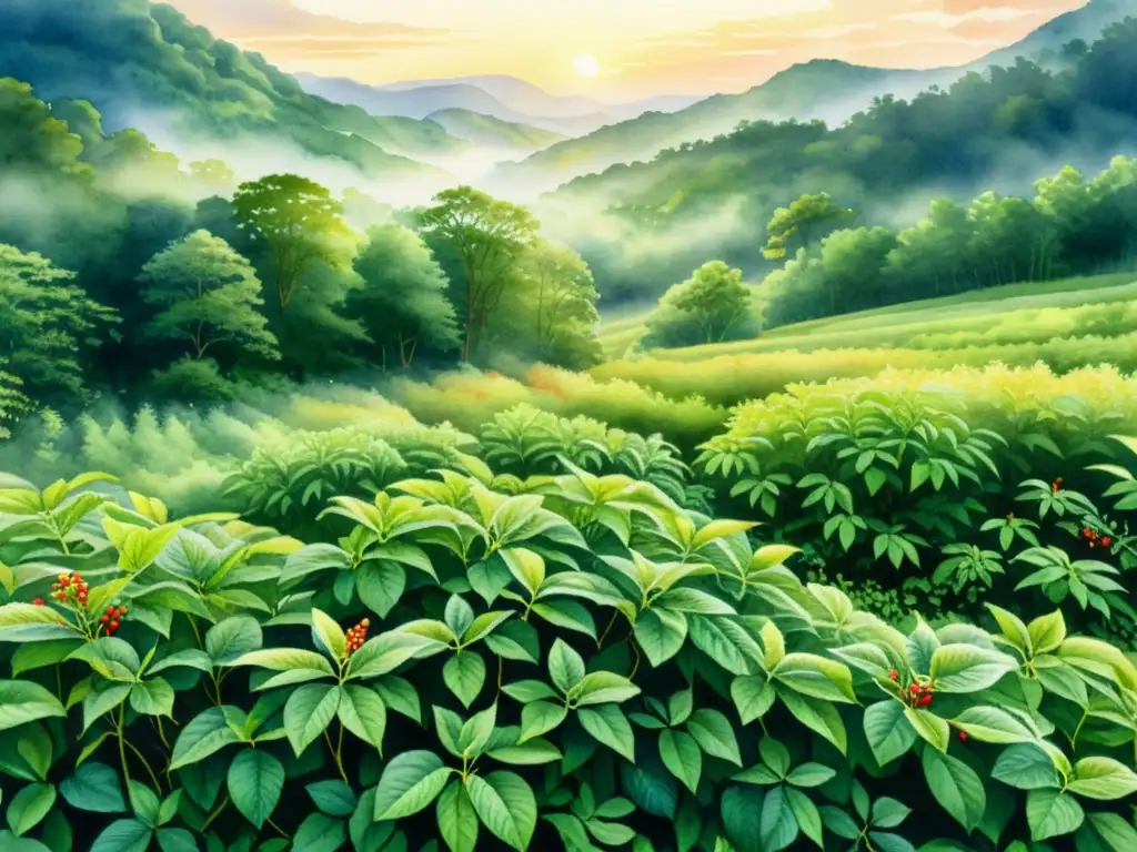 Una pintura detallada de un exuberante campo de ginseng al amanecer, con hojas verdes vibrantes y bayas rojas