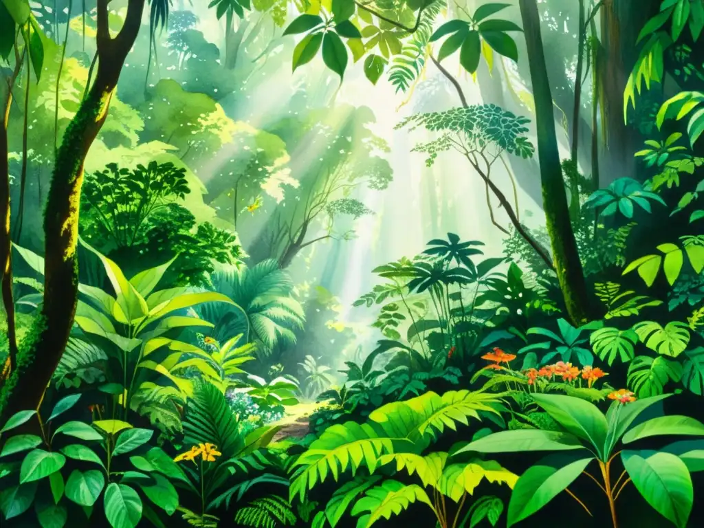 Una pintura detallada de una exuberante escena de selva tropical, con flora vibrante y diversa fauna