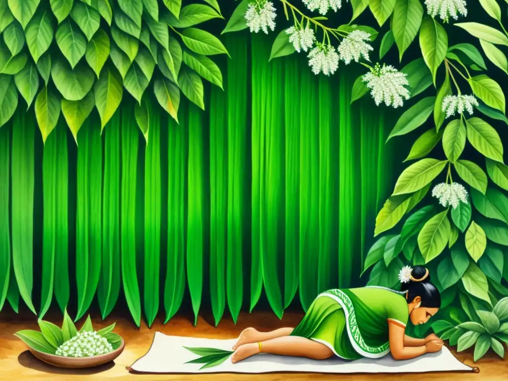 Una pintura detallada de una exuberante planta de chaya con hojas verdes vibrantes y flores blancas, en una ceremonia de sanación maya