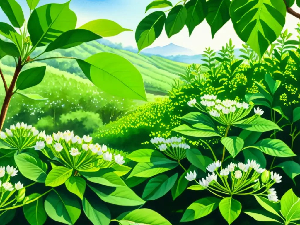 Una pintura detallada de una exuberante plantación de cardamomo con vainas verdes vibrantes y delicadas flores blancas