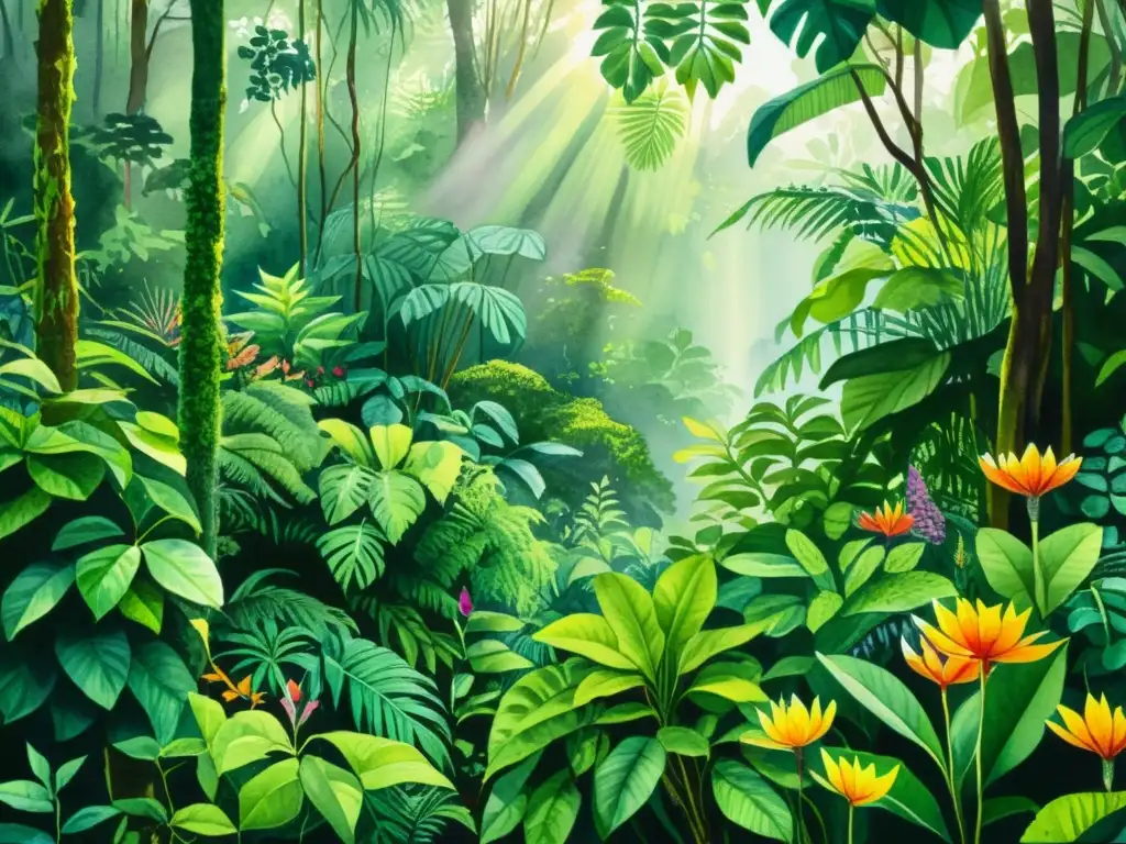 Una pintura detallada de una exuberante selva tropical en América Latina, con plantas medicinales indígenas y flores vibrantes