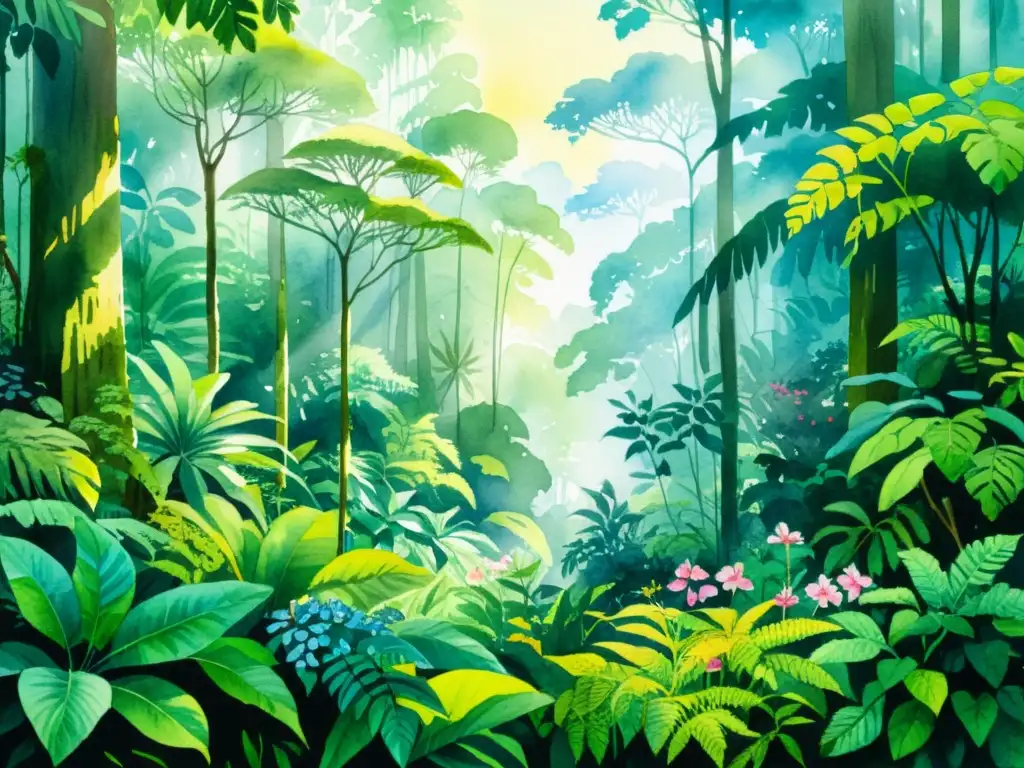 Una pintura detallada de una exuberante y vibrante selva tropical, hogar de plantas medicinales