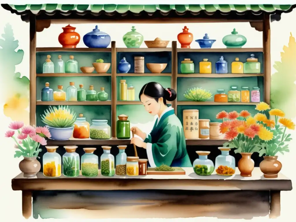 Una pintura detallada de una farmacia china tradicional con crisantemos vibrantes, evocando sabiduría antigua y tradiciones curativas