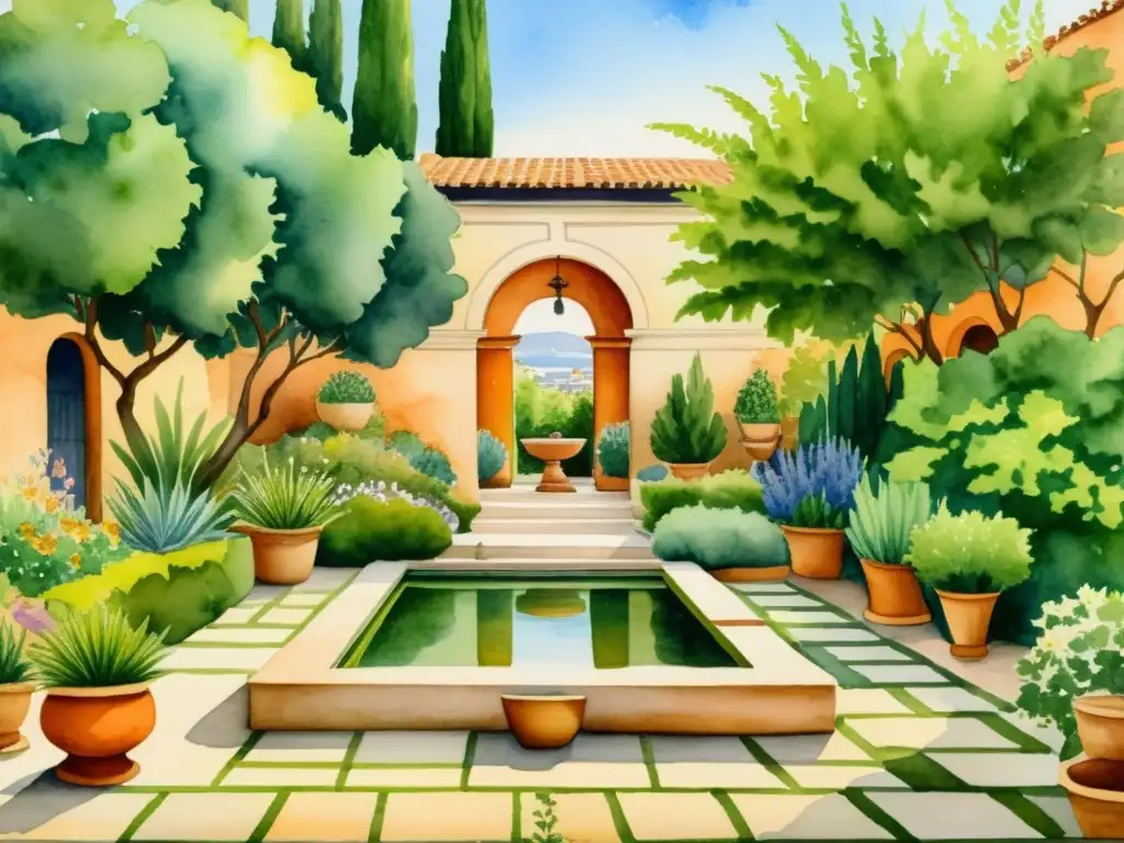 Pintura detallada de jardín griego antiguo con plantas medicinales