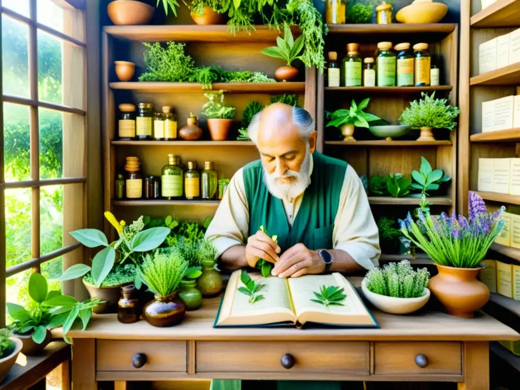 Pintura detallada de un herbolario cuidando un jardín de plantas medicinales, rodeado de manuscritos antiguos sobre plantas medicinales