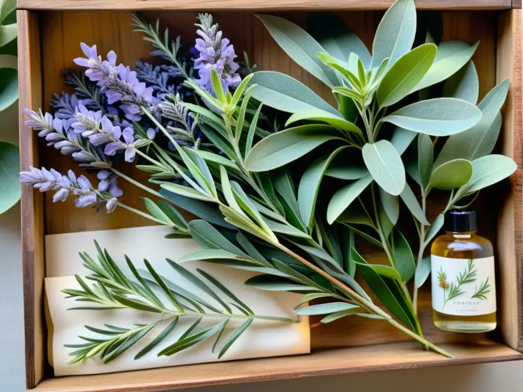 Una pintura detallada de hierbas y flores en una caja de madera