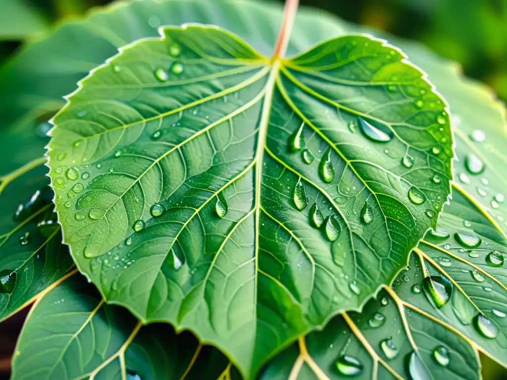 Una pintura detallada de una hoja verde vibrante con gotas de rocío, destacada por un fondo suave y difuminado