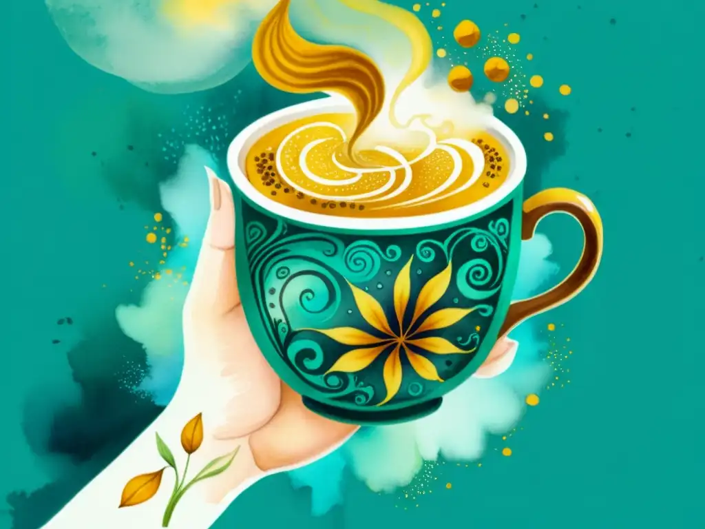 Una pintura detallada de una mano sosteniendo una taza humeante de té de cúrcuma dorada, evocando calidez y curación