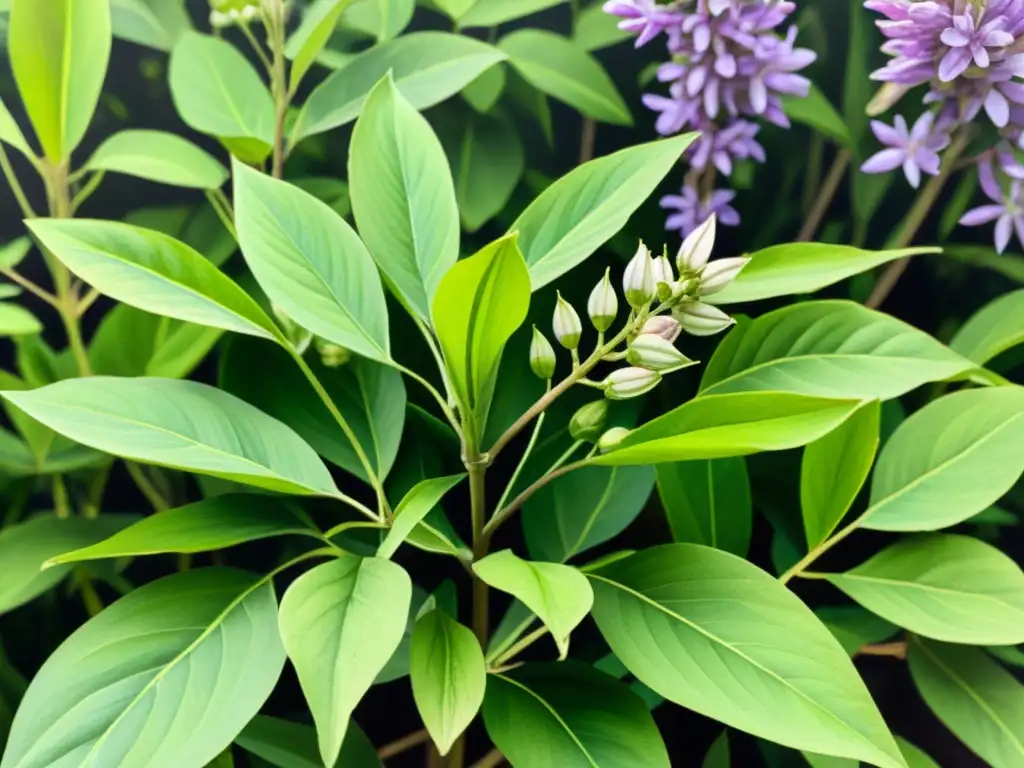 Pintura detallada de planta de cardamomo con flores blancas y moradas, hojas verdes vibrantes y suelo terroso