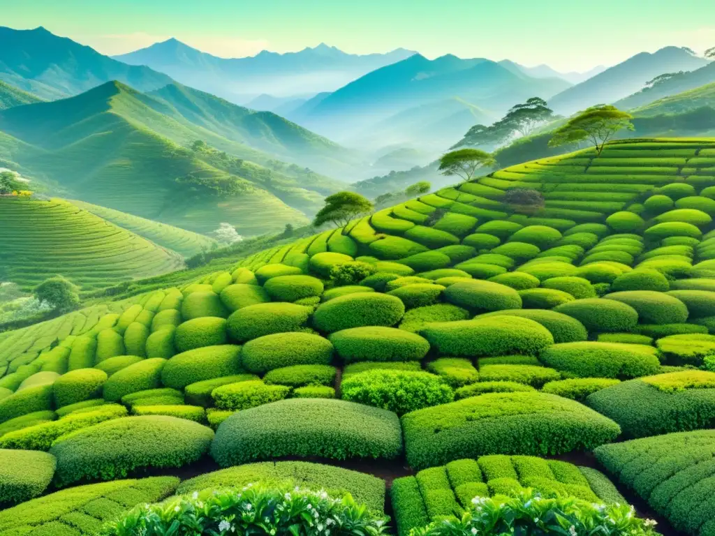 Una pintura detallada representa una plantación de té verde exuberante, con montañas neblinosas al fondo