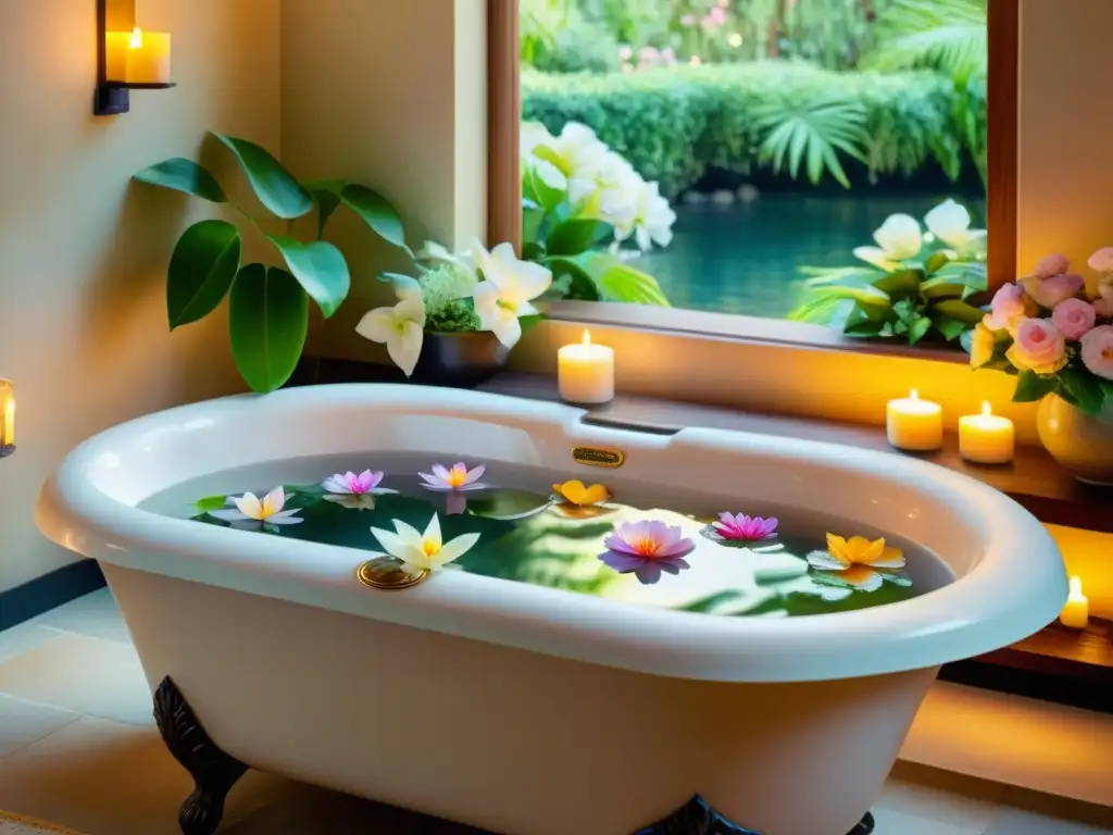 Una pintura detallada de un relajante ambiente de spa con bañera lujosa rodeada de flores y velas aromáticas