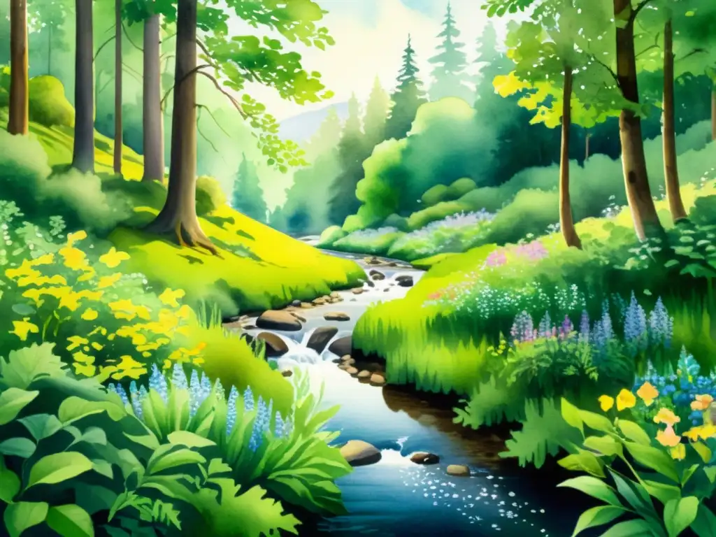 Una pintura detallada de alta resolución de un sereno bosque con vegetación exuberante, flores silvestres coloridas y un arroyo