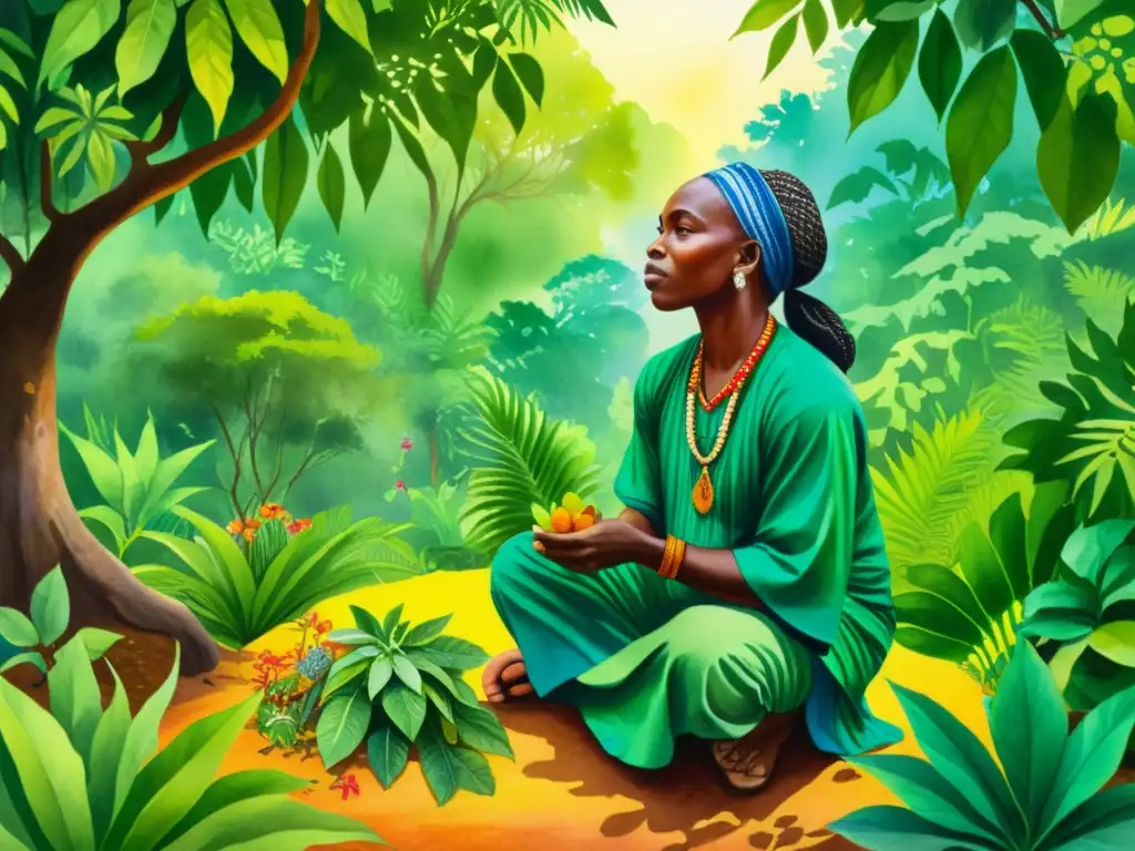 Una pintura detallada de un sanador africano recolectando plantas medicinales en la exuberante selva