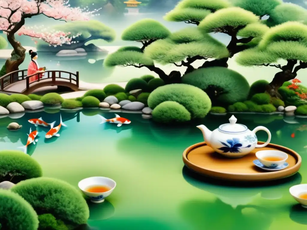 Una pintura detallada de una serena ceremonia del té chino tradicional en un jardín tranquilo con beneficios del té verde en medicina china