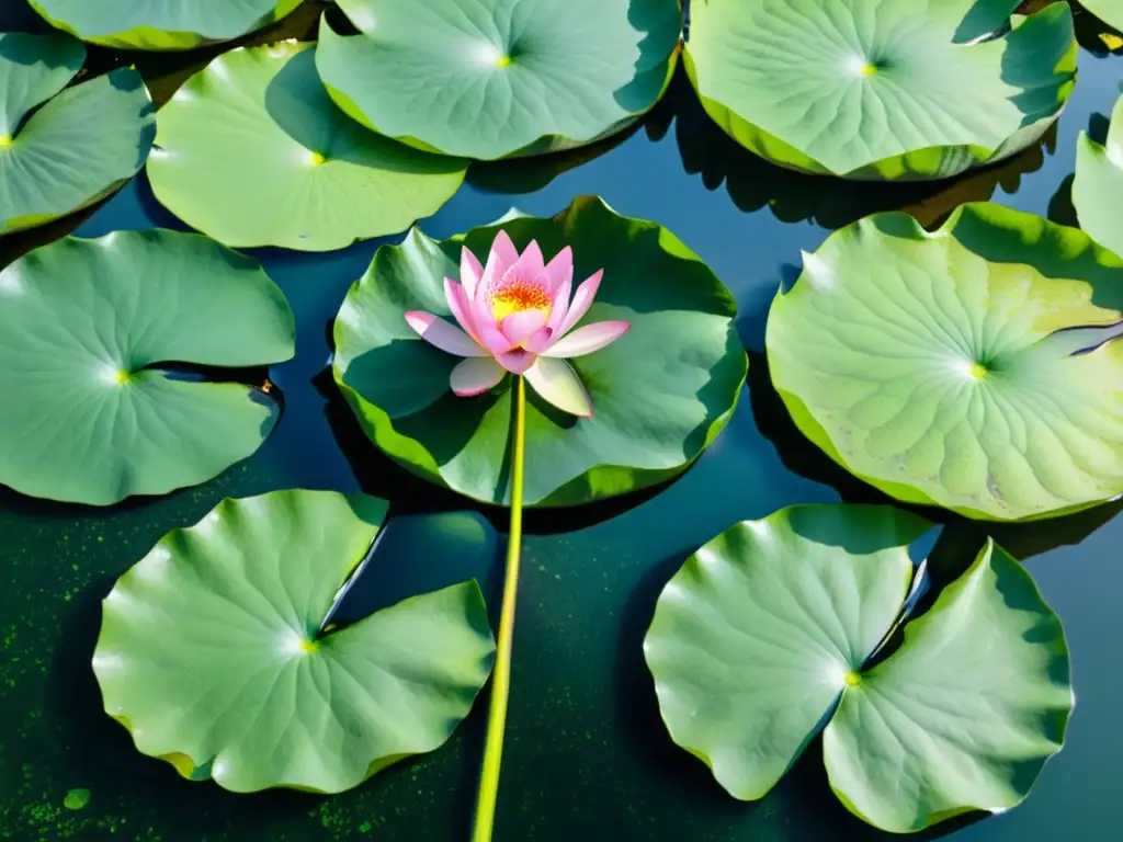 Pintura acuarela detallada de un sereno estanque con flores de loto rosadas