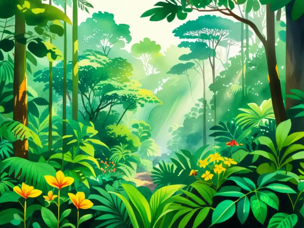 Pintura acuarela de una exuberante escena de selva tropical con diversa biodiversidad