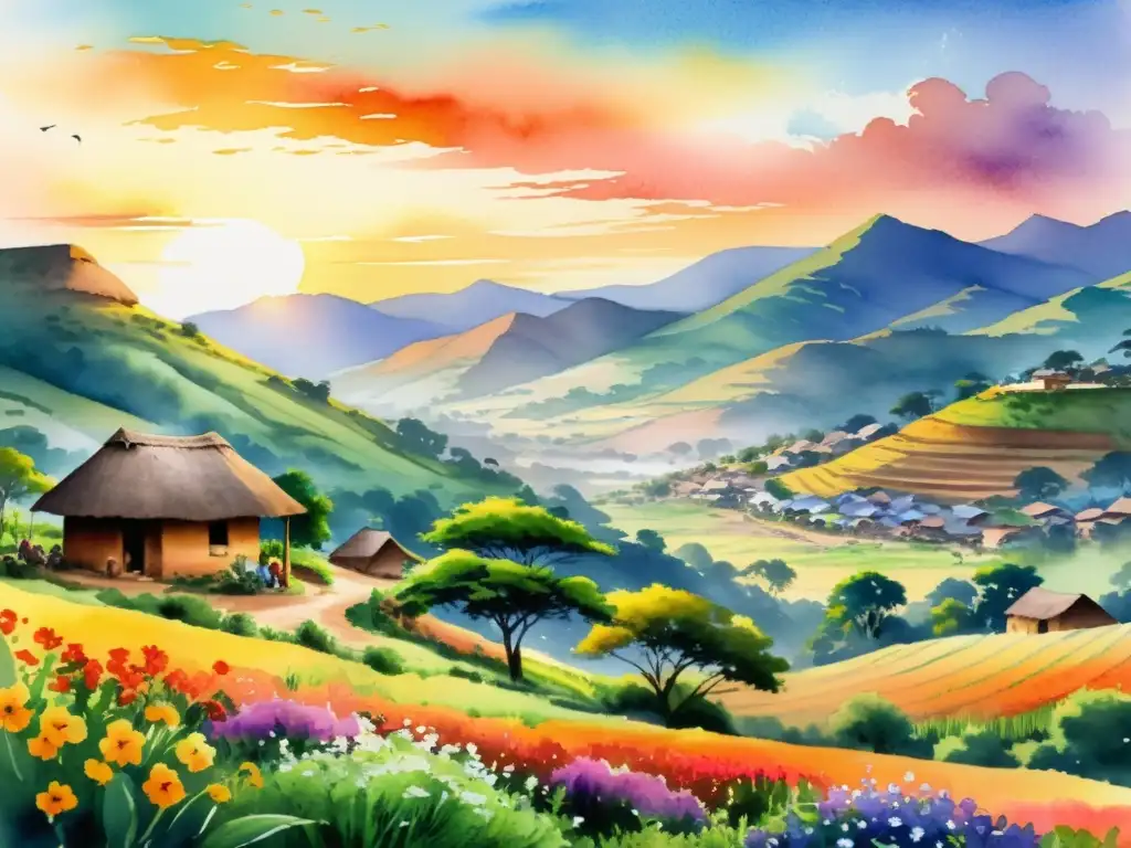 Una pintura de un exuberante paisaje africano con plantas medicinales africanas de uso tradicional, lleno de color y vida