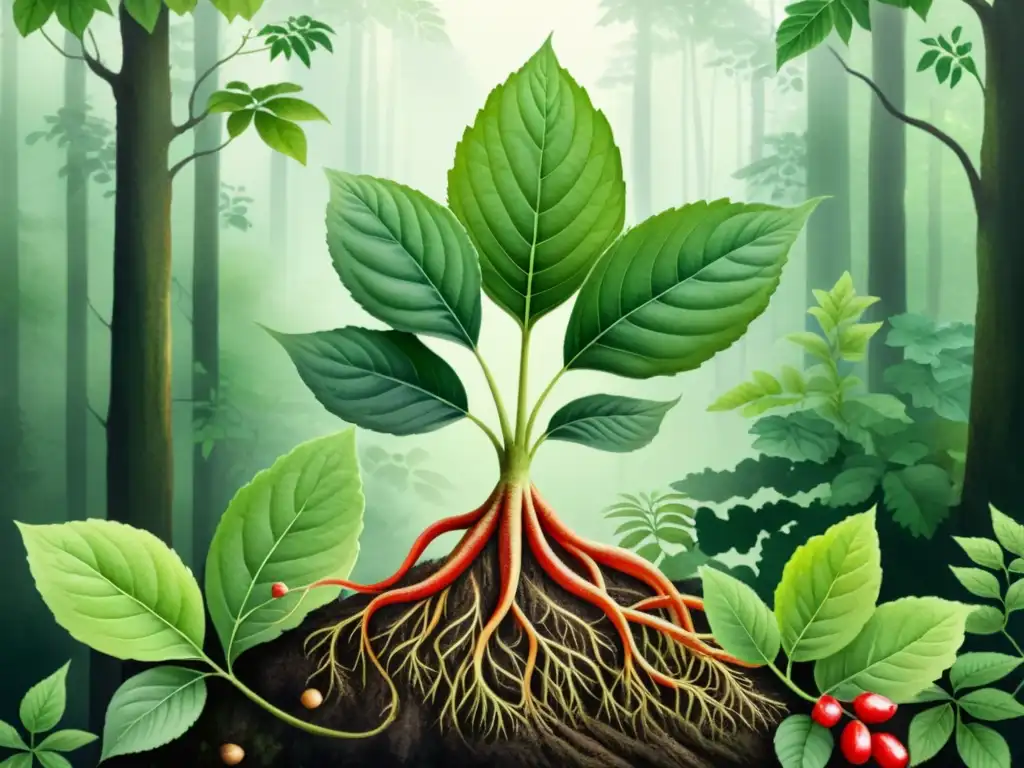 Pintura acuarela serena de planta de ginseng verde exuberante con bayas rojas vibrantes, en un bosque tranquilo y neblinoso