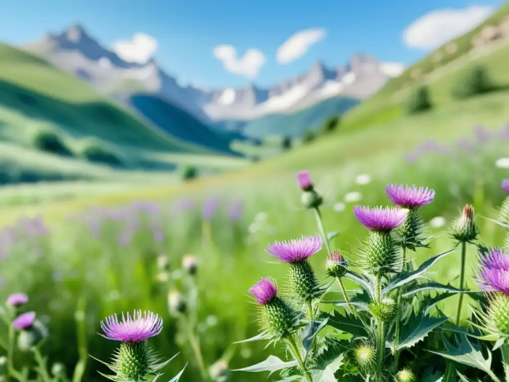 Pintura acuarela serena de un prado verde exuberante con cardo mariano en flor, bajo un cielo azul