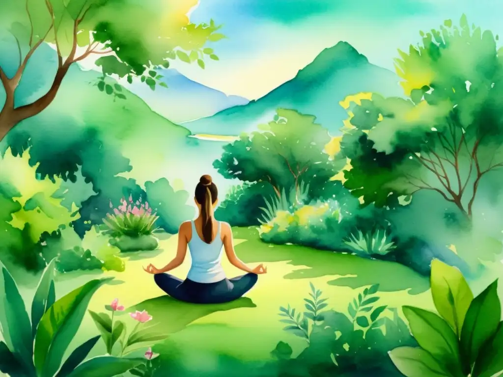 Una pintura acuarela serena con sinergia espiritual, Ayurveda, yoga y plantas en armonía, evocando paz interior y equilibrio