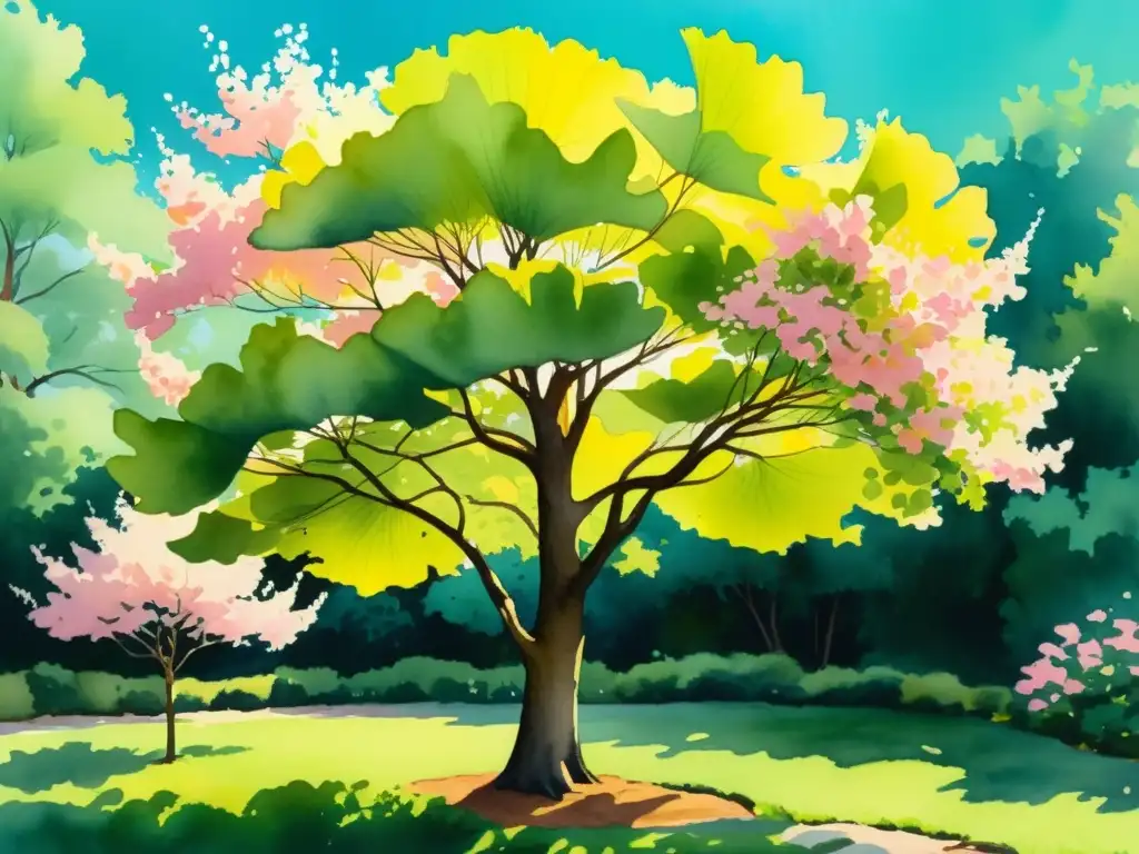 Una pintura acuarela vibrante de un exuberante y antiguo árbol de ginkgo biloba, con hojas en forma de abanico, ilustrando su belleza atemporal