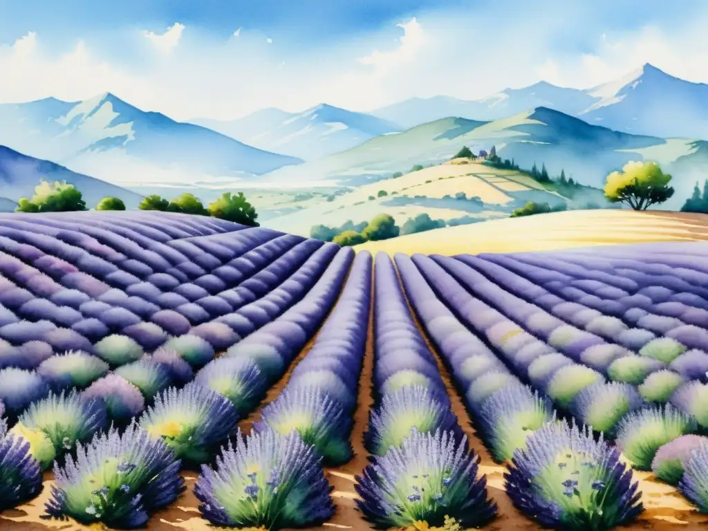 Una pintura acuarela vibrante de un sereno campo de lavanda, con filas de exuberantes plantas moradas que se extienden hasta el horizonte