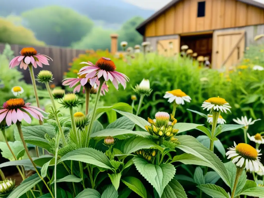 Jardín de plantas medicinales en detallada acuarela, con preparación tradicional de remedios en un tranquilo entorno soleado