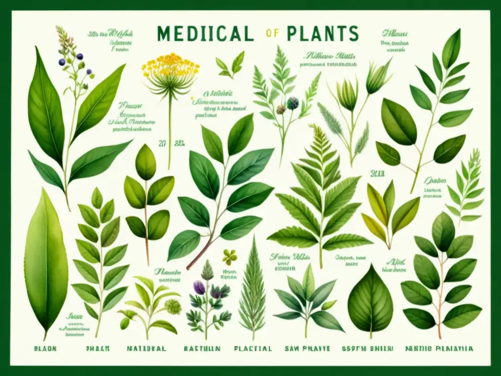 Un jardín botánico de plantas medicinales detalladas en acuarela, invitando a explorar la legislación uso plantas medicinales