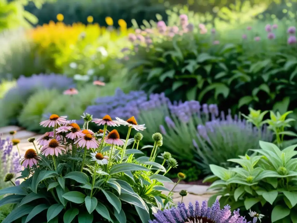 Jardín de plantas medicinales perennes con lavanda, tomillo y salvia en un ambiente sereno y encantador