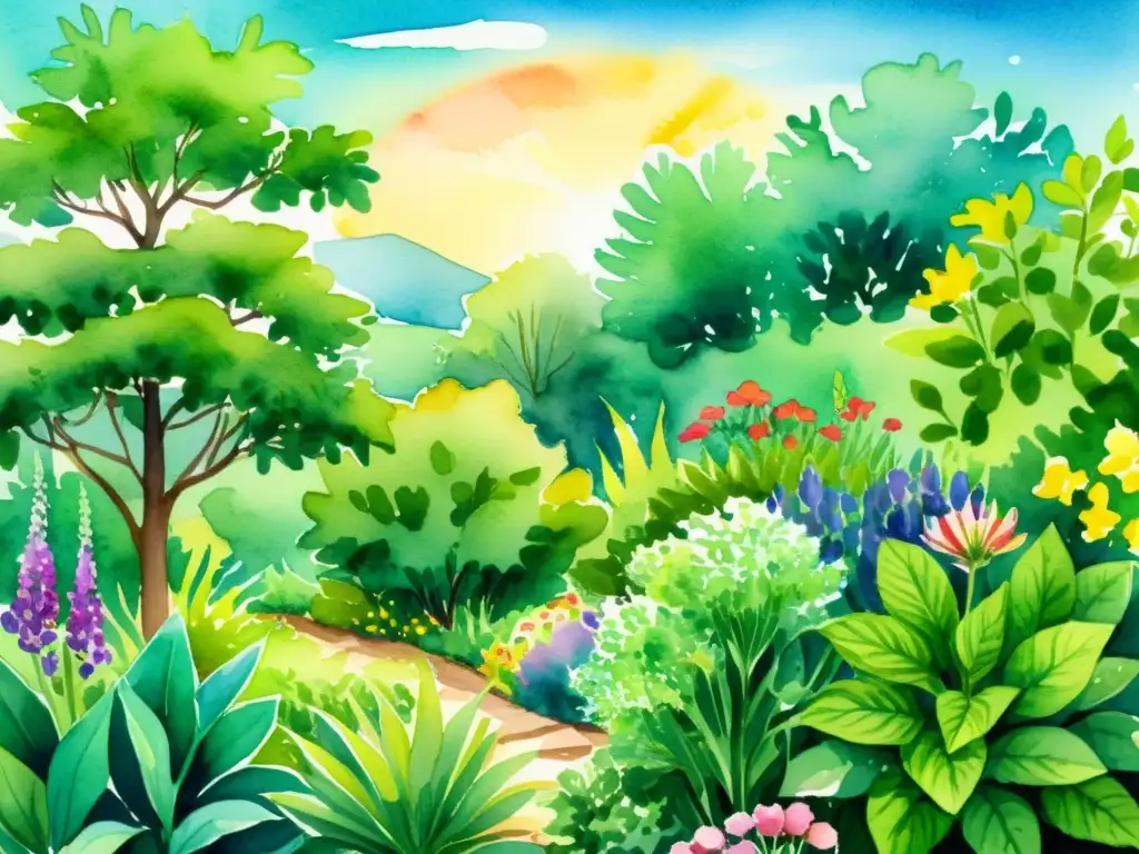 Jardín medicinal sostenible: belleza y vitalidad Jardín de plantas medicinales vibrante y adaptado al clima, con flores coloridas y follaje exuberante, irradiando vitalidad y esperanza