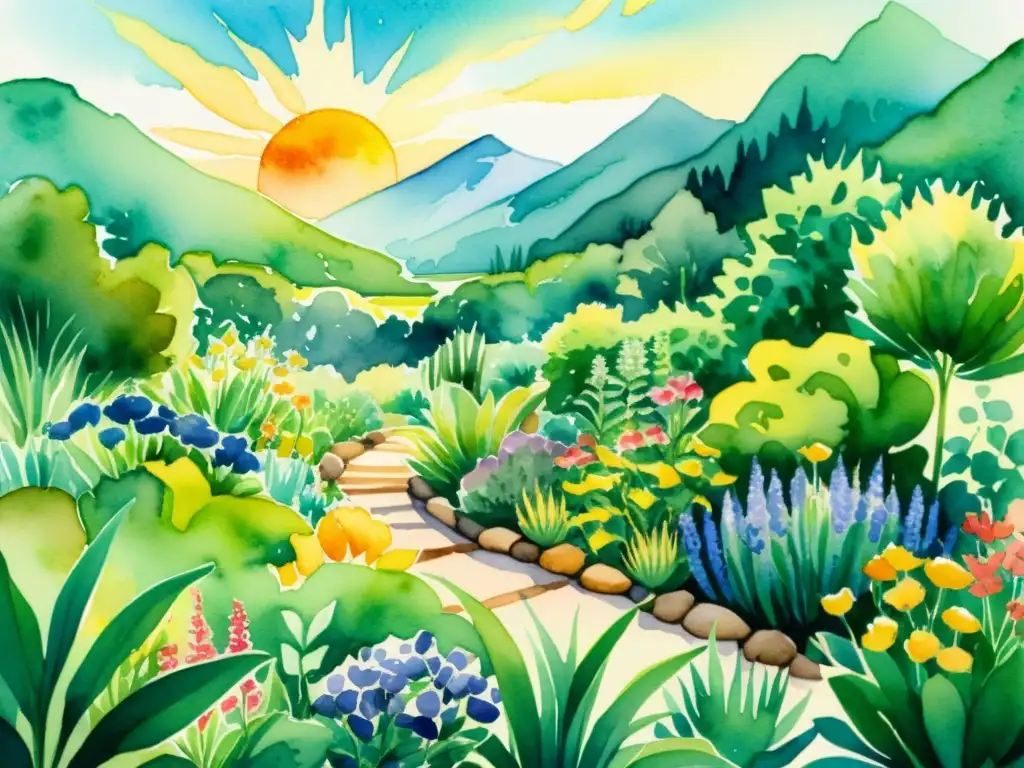 Jardín de plantas medicinales vibrante y resistente, lleno de color y vida bajo el sol
