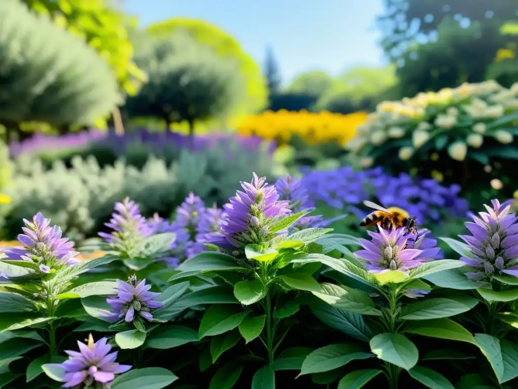 Botánico jardín con plantas medicinales vibrantes bajo el sol