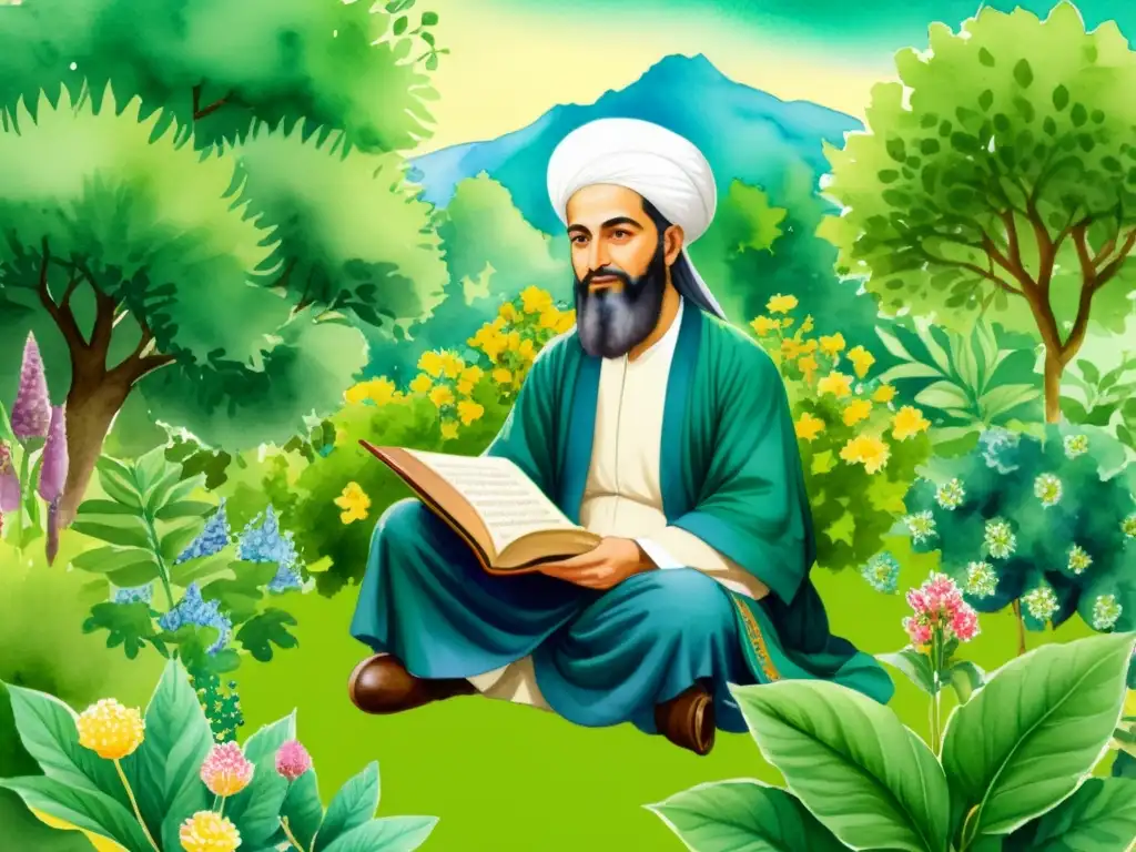 Avicenna, el polímata persa, estudia plantas medicinales en un exuberante jardín islámico medieval