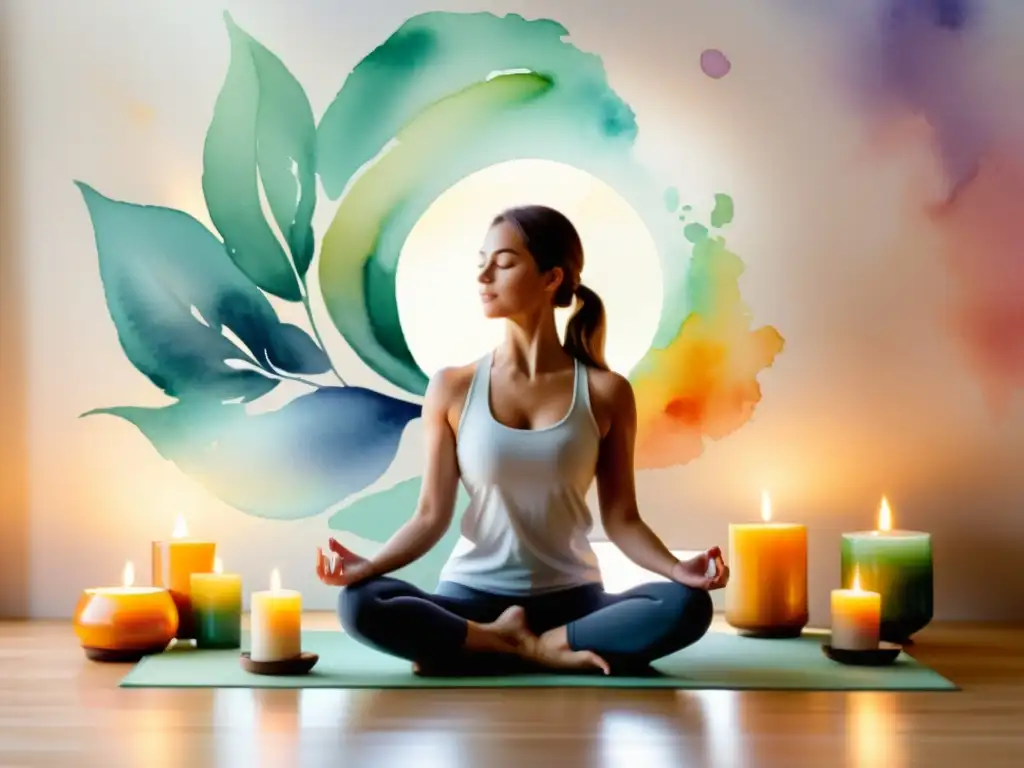 Practicante de yoga disfrutando de los beneficios de combinar aromaterapia y yoga en un estudio sereno con iluminación natural y aceites esenciales