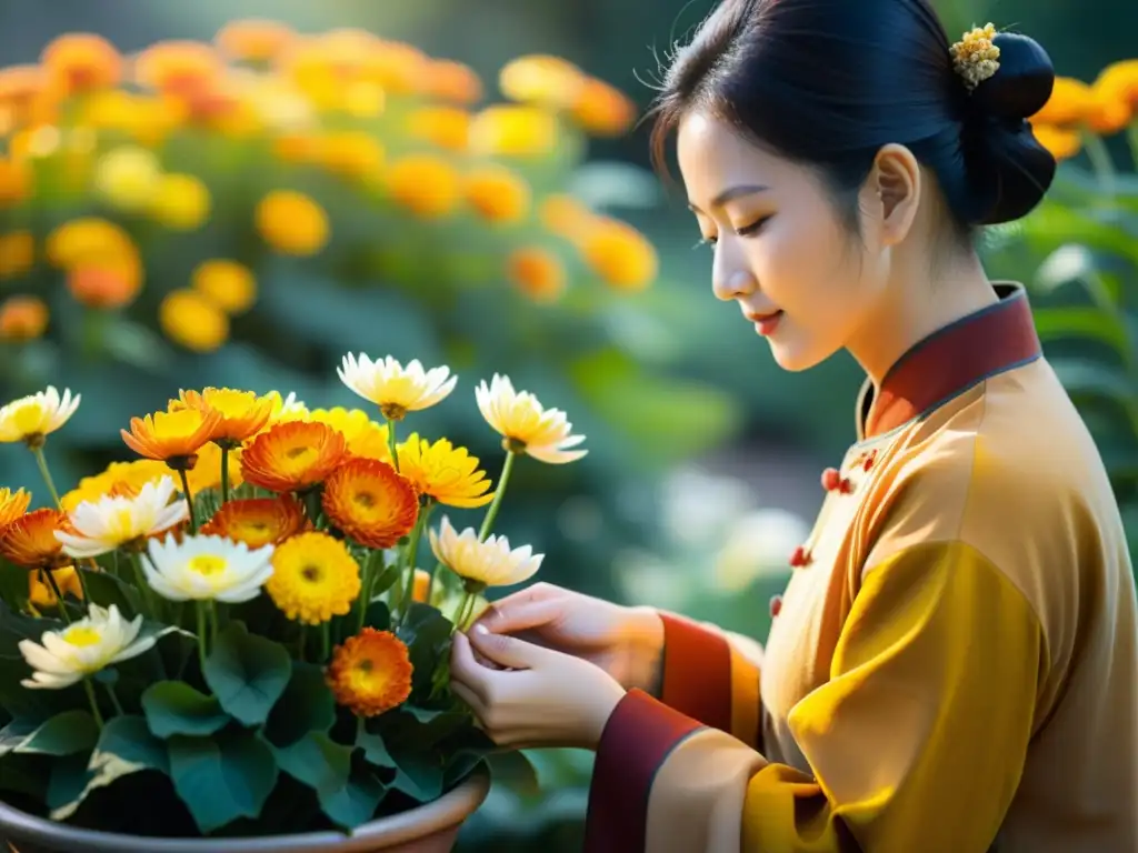 Un practicante de medicina china selecciona crisantemos amarillos y naranjas para aprovechar sus propiedades antiinflamatorias en un jardín exuberante