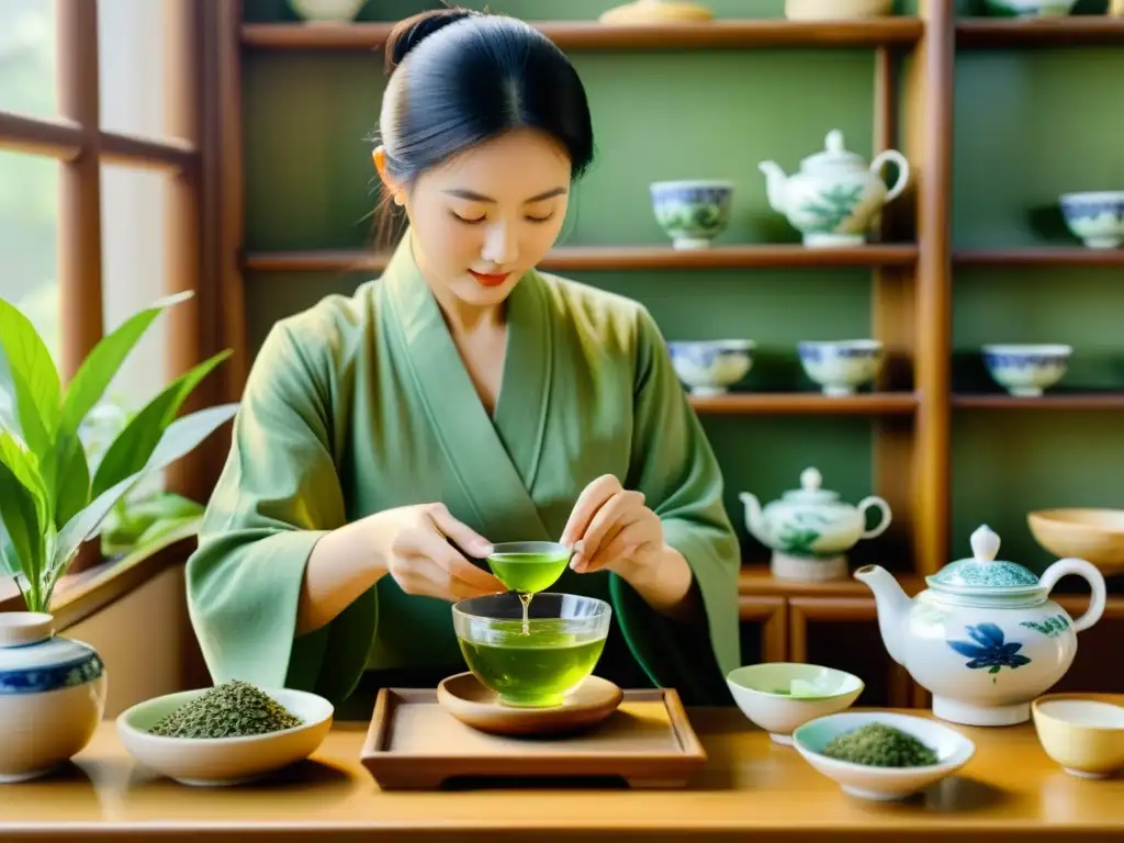 Un ilustración acuarela detalla a un practicante de medicina china preparando té verde en un apotecario soleado, reflejando los beneficios del té verde en medicina china