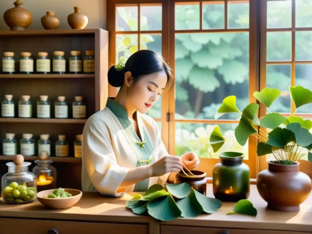 Un practicante de medicina tradicional china prepara meticulosamente hojas de ginkgo biloba en una hermosa botica decorada