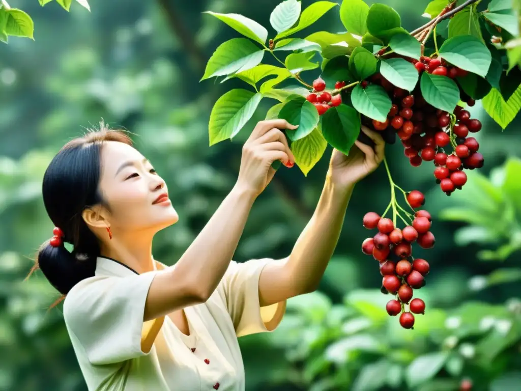 Un practicante de medicina tradicional china cosecha bayas maduras de Schisandra chinensis entre exuberante vegetación, capturando la esencia de la abundante cosecha y los antiguos rituales de la medicina herbal china, destacando los beneficios Schisandra chinensis