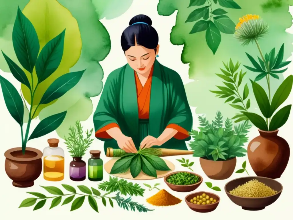 Un ilustración acuarela de un practicante de medicina tradicional seleccionando hierbas, rodeado de plantas coloridas