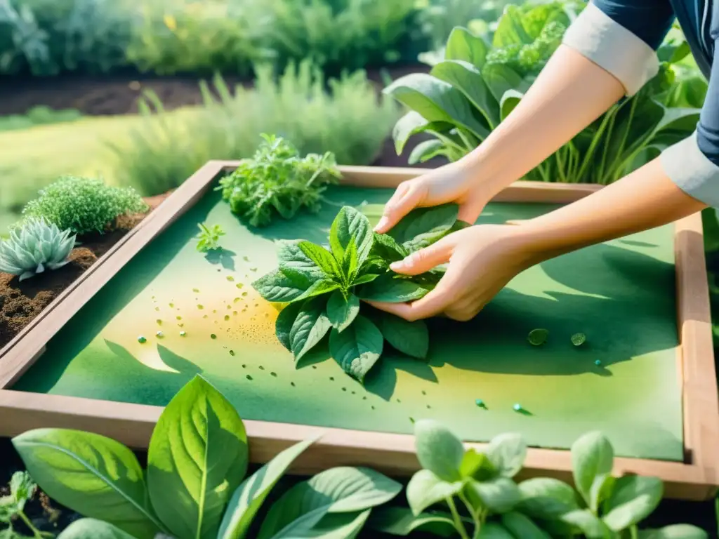 Prácticas de cosecha de plantas medicinales en un jardín herbal sereno, con plantas vibrantes y luz solar filtrada entre las hojas